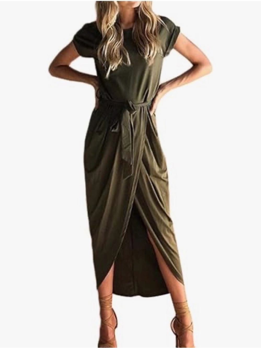 🌻 Grecerelle olive green knit dress with belt. Size S.